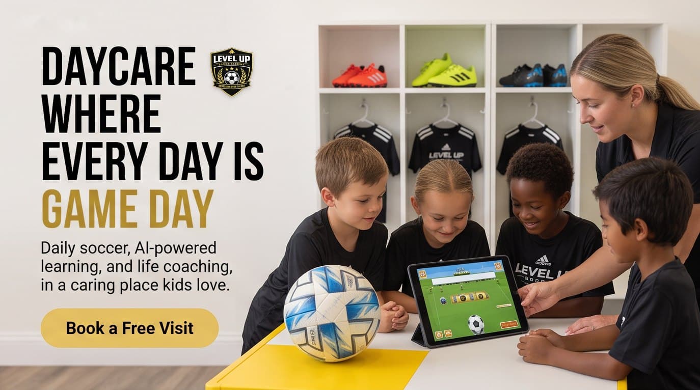 Coach and children learning together with a tablet at Level Up's soccer daycare
