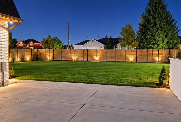 Fenced backyard lawn at dusk at Level Up's soccer daycare in South Jordan, with lights along the wood fence