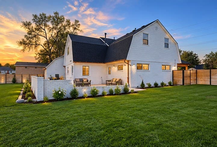 Back of Level Up's soccer daycare home in South Jordan at sunset, with a patio and backyard lawn